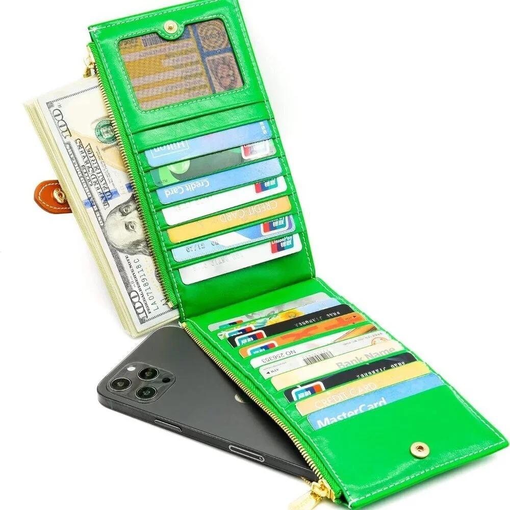 Women's Genuine Leather RFID Wallet with Zipper Cell Phone Pocket Capacity